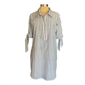 J Gee Gray White Striped Short Sleeve Shirt Dress LARGE Coastal Preppy Travel